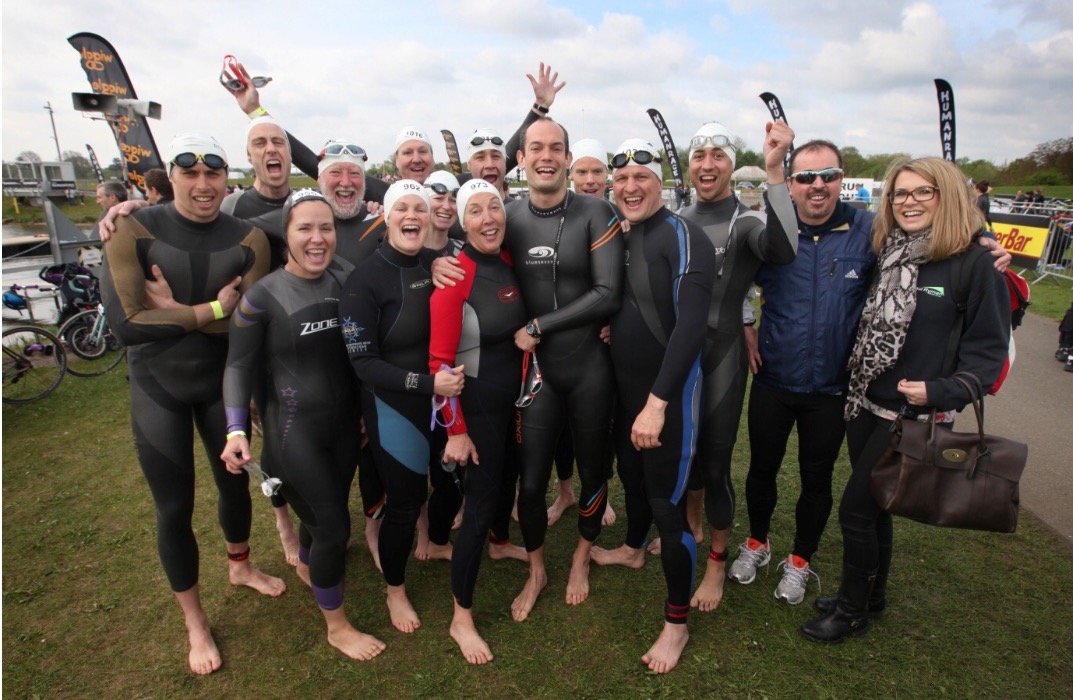 Lots of happy triathletes pre race in wetsuits